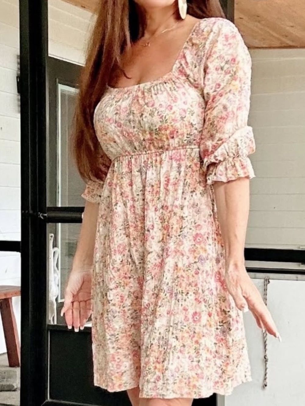 🟠NWT FIRST LOVE Boho Peasant Floral Mini Dress in Pink/Oatmeal MED